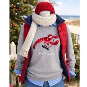 Talbots Santa Claws Lobster Sweater Long Sleeve Gray Christmas Coastal Holiday